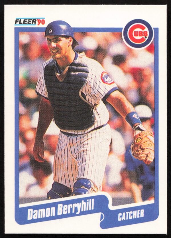 Damon Berryhill 1990 Fleer Baseball Card #26, Chicago Cubs, Mid-Action Pose.