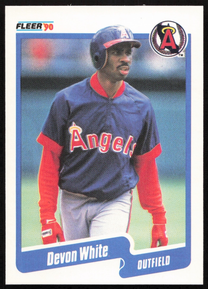 Devon White 1990 Fleer Baseball Card #147, California Angels uniform, focused expression.