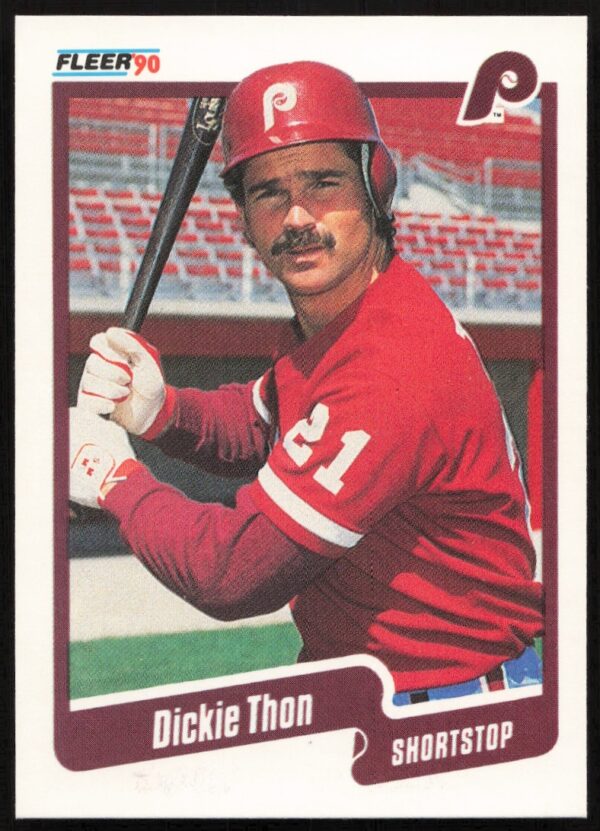 Dickie Thon 1990 Fleer Baseball Card #573, front view, classic action pose.