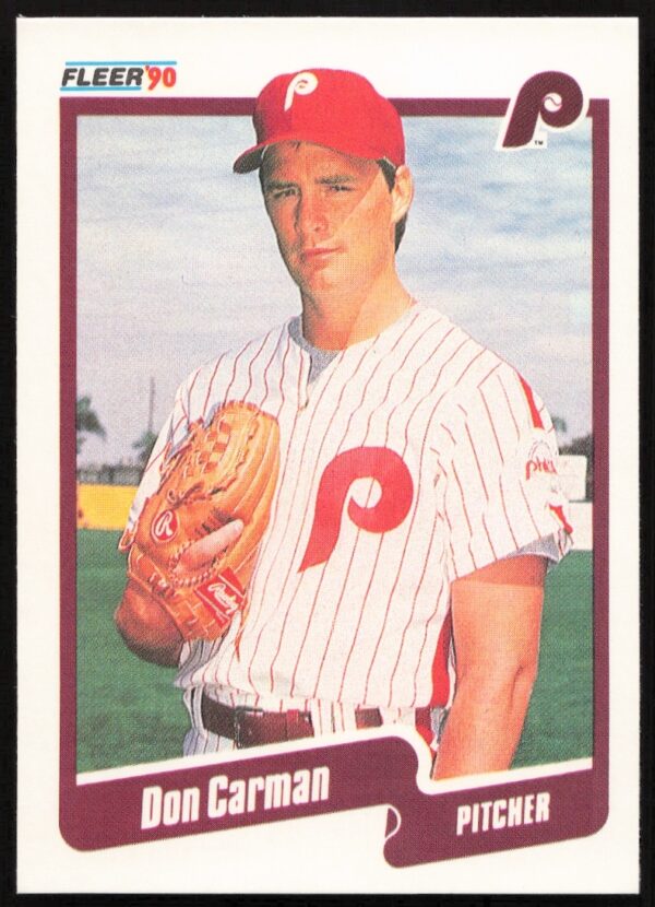 1990 Fleer Don Carman baseball card #552 featuring pitcher in action.