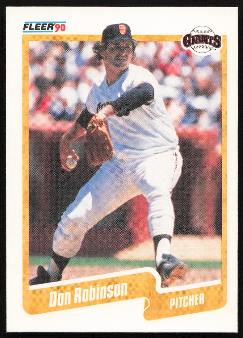 Don Robinson 1990 Fleer Baseball Card #70, San Francisco Giants Pitcher Mid-Pitch.