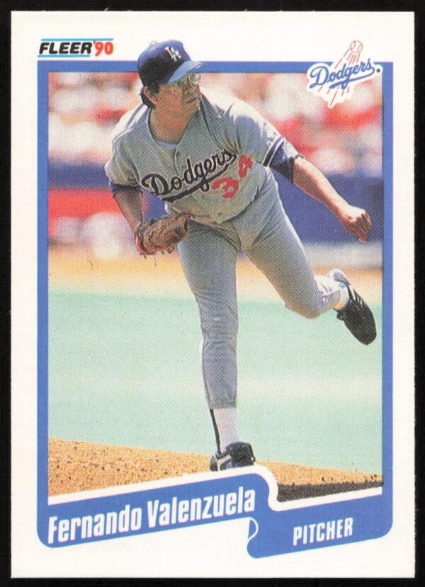 Fernando Valenzuela 1990 Fleer baseball card #409, Dodgers uniform, focused expression, pitching legend.