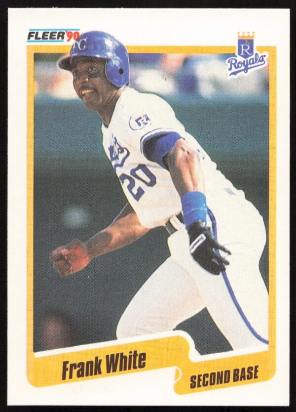 1990 Fleer Frank White #122, Kansas City Royals, action shot, baseball card front.