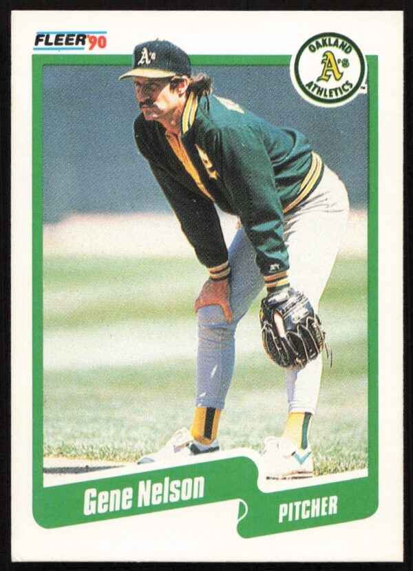 Gene Nelson 1990 Fleer baseball card, Oakland Athletics pitcher, front view.