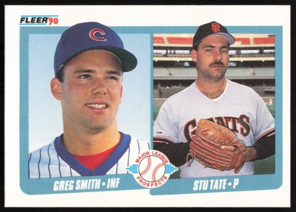 1990 Fleer baseball card featuring Greg Smith and Stu Tate in team uniforms.