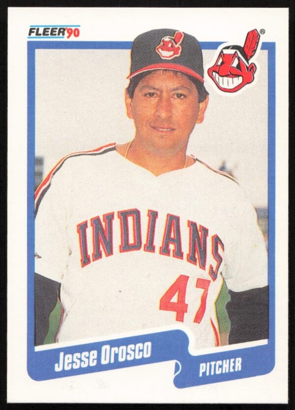Front view of 1990 Fleer Jesse Orosco baseball card, number 500, showcasing dynamic pitch.