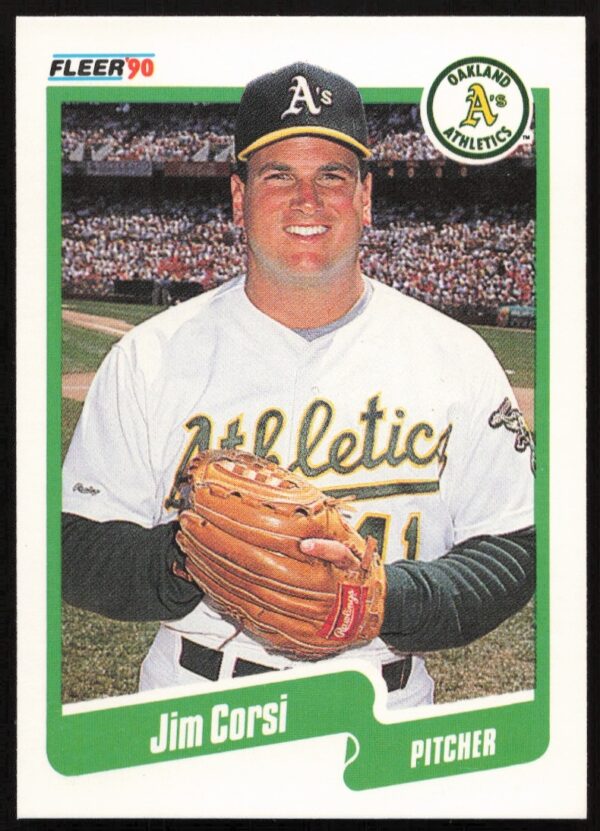 1990 Fleer Jim Corsi pitching in Oakland As uniform, card number 4 front.