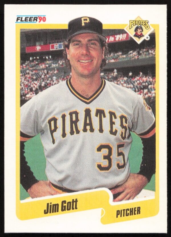Jim Gott 1990 Fleer baseball card #466, Pittsburgh Pirates pitcher in action.