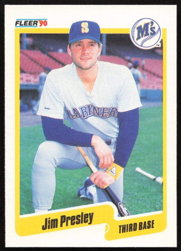Close-up of Jim Presley in Seattle Mariners uniform on 1990 Fleer baseball card #522.