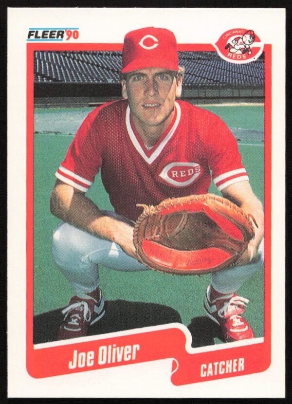 1990 Fleer Joe Oliver baseball card, Cincinnati Reds catcher, action pose, card #426.