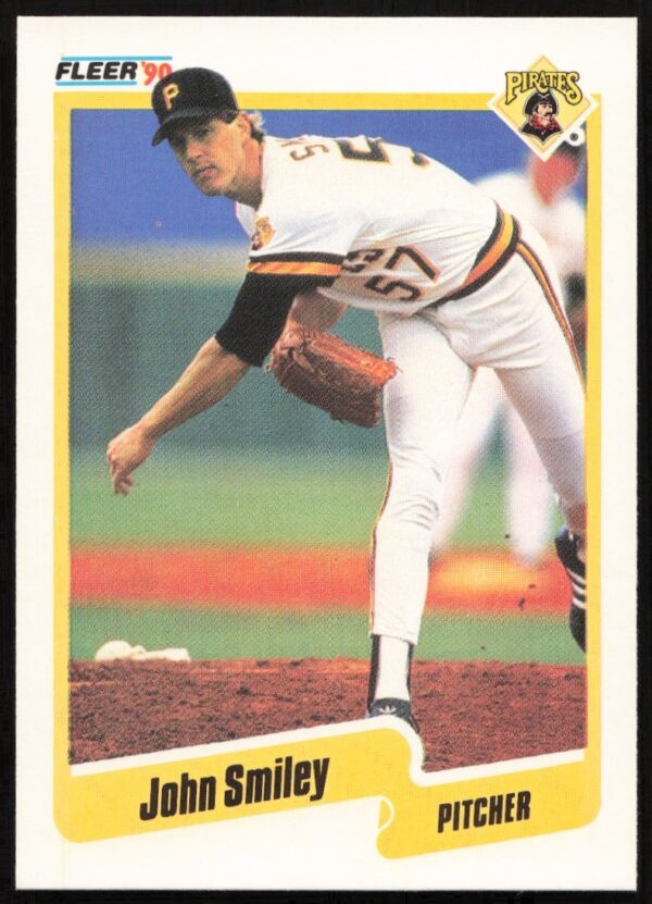 Front view of 1990 Fleer John Smiley baseball card #480, showcasing Pittsburgh Pirates pitcher.