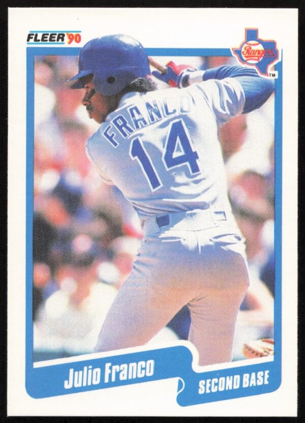 1990 Fleer Julio Franco baseball card #296 showcasing player in action.