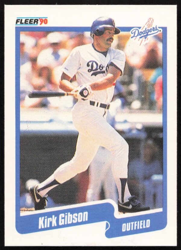 Front of 1990 Fleer Baseball Card #393 featuring Kirk Gibson with team logo and stats.