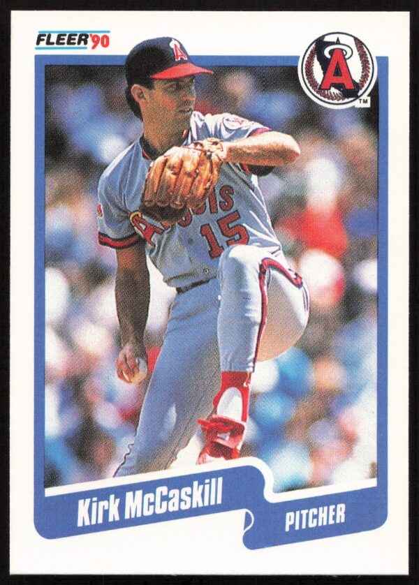 1990 Fleer Card #138: Kirk McCaskill in California Angels uniform, action photo front.