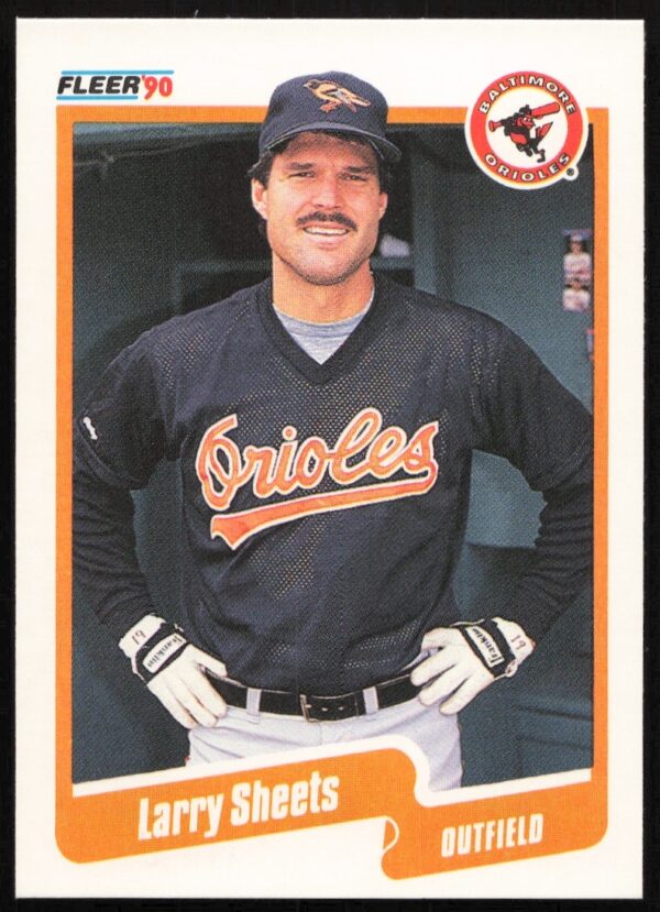 Larry Sheets 1990 Fleer Baseball Card #189 Front, Orioles, in-uniform with bat.