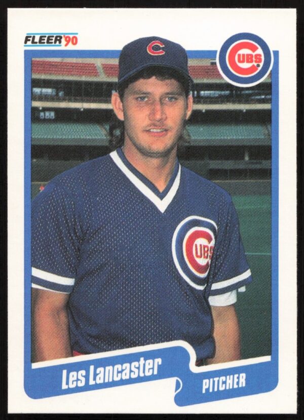 Les Lancaster 1990 Fleer Baseball Card #35, Chicago Cubs pitcher, stadium background.