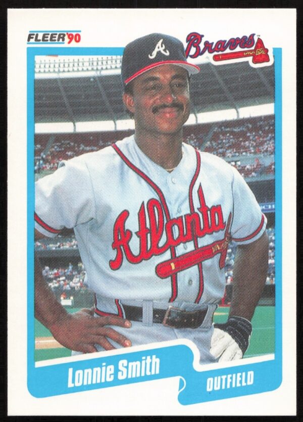 Lonnie Smith 1990 Fleer #593, Atlanta Braves action shot, baseball card front.