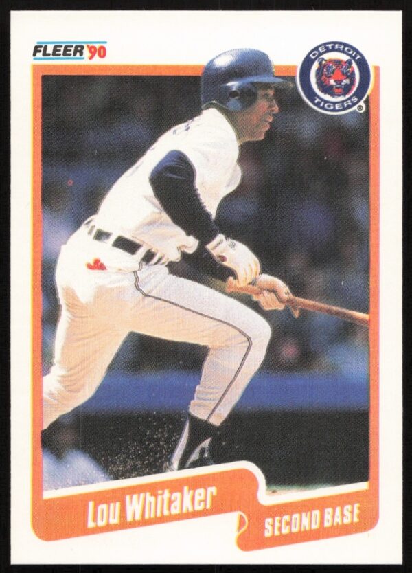 1990 Fleer Lou Whitaker baseball card #619 featuring Whitaker in Detroit Tigers uniform.