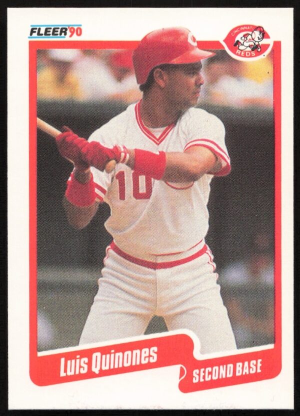 Luis Quinones 1990 Fleer Baseball Card #428, Cincinnati Reds, action pose.