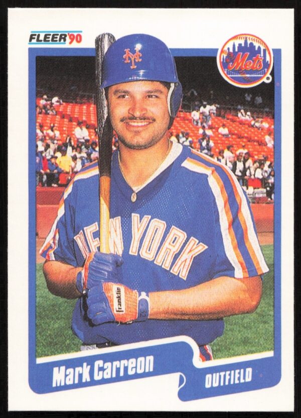 Mark Carreon 1990 Fleer baseball card, New York Mets, card number 198, front view.