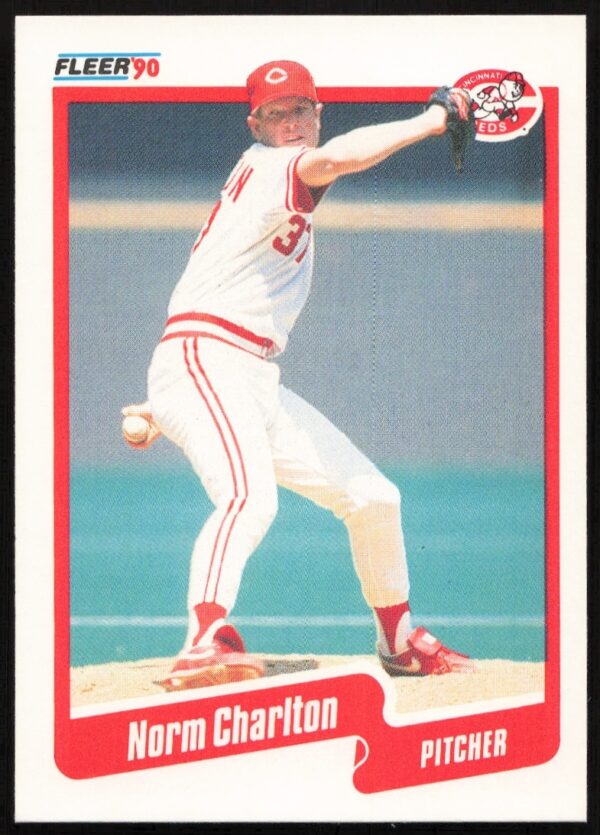 Front view of 1990 Fleer baseball card #416, featuring Cincinnati Reds pitcher Norm Charlton.