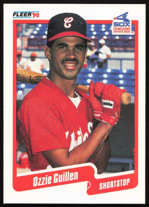 Ozzie Guillen 1990 Fleer baseball card #533, Chicago White Sox action shot.