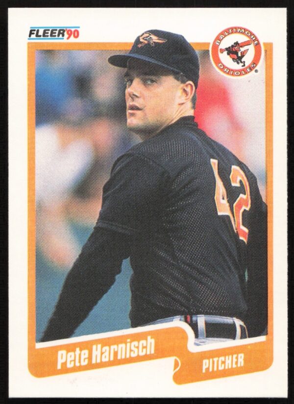 Pete Harnisch 1990 Fleer card in Astros uniform, mid-action, #177, front view.
