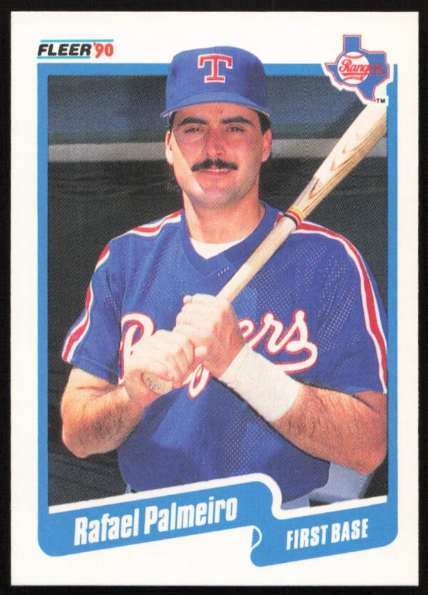 Rare 1990 Rafael Palmeiro baseball card #308, Fleer, Texas Rangers uniform.