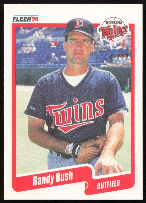 1990 Fleer Baseball Card: Randy Bush, Minnesota Twins, #370, Action Pose, Colorful Design.