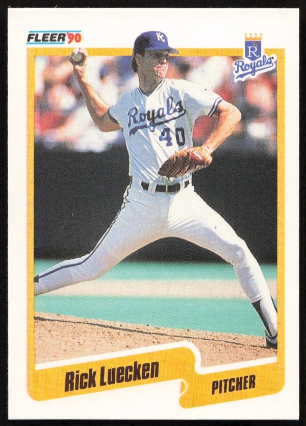 Rick Luecken 1990 Fleer baseball card #113, featuring vibrant colors and mid-action pose.