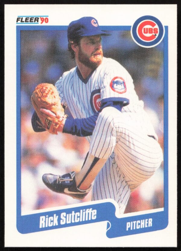 Rick Sutcliffe 1990 Fleer baseball card #43 featuring the Chicago Cubs pitcher in action.