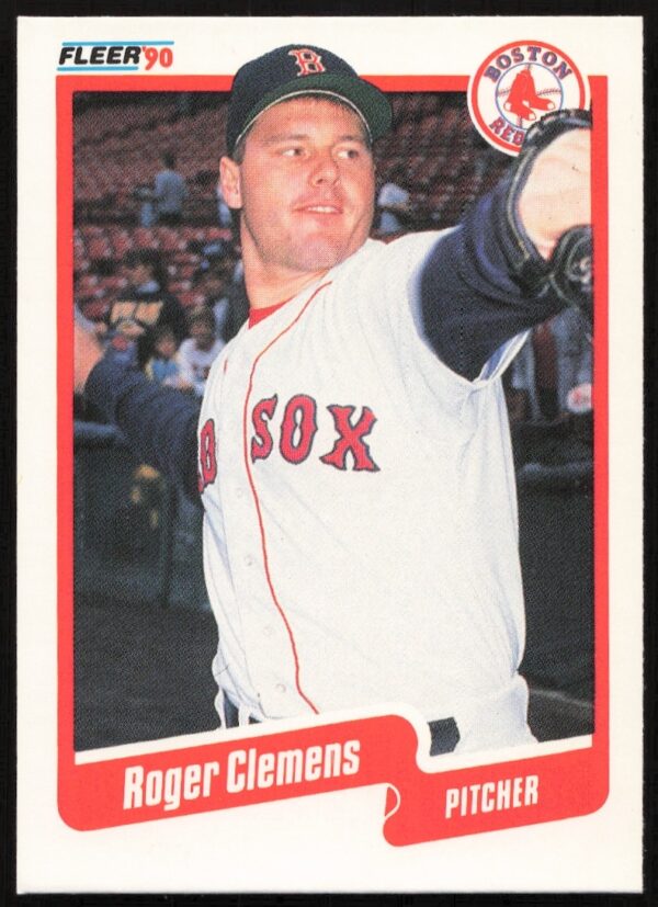 Roger Clemens 1990 Fleer #271 in Red Sox uniform, mid-pitch action shot.