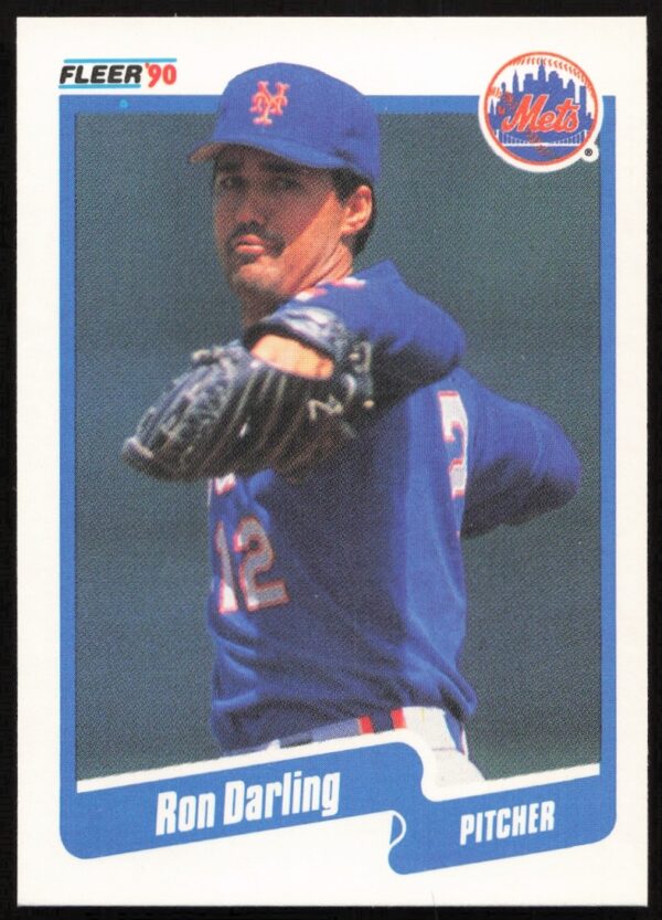 Ron Darling 1990 Fleer Mets Baseball Card #201, mid-pitch, focused expression.