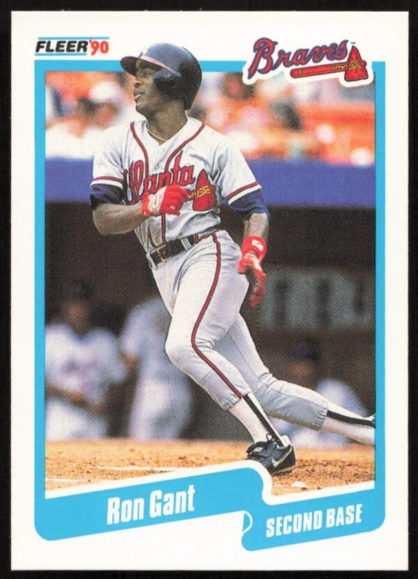 Ron Gant 1990 Fleer card, Atlanta Braves, dynamic action pose, blue background.