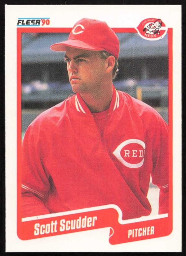 Scott Scudder 1990 Fleer baseball card #434, showcasing dynamic pitching for Cincinnati Reds.