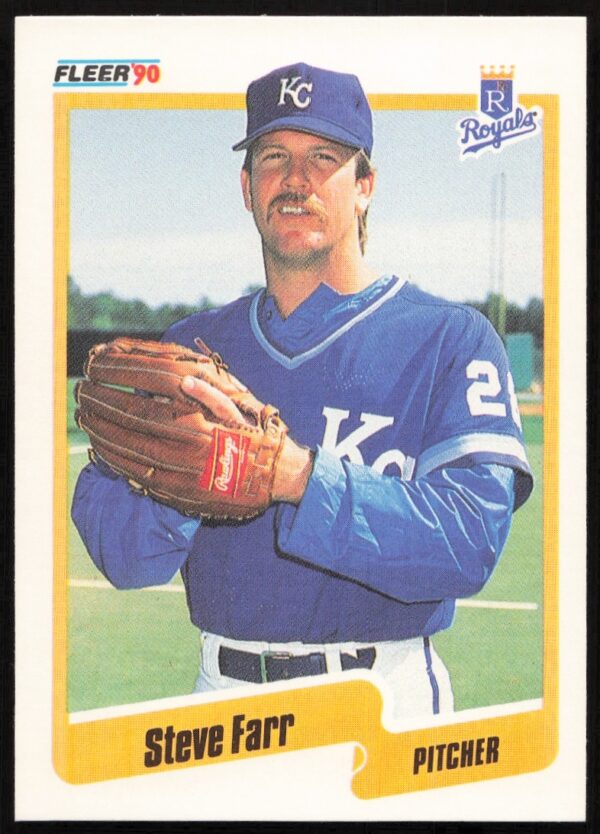 Steve Farr 1990 Fleer baseball card, Kansas City Royals pitcher in action, card #107 front.