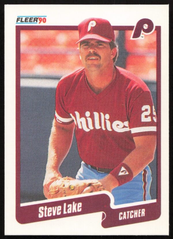 Steve Lake 1990 Fleer Baseball Card #566, Phillies Catcher, Mid-Action Pose.