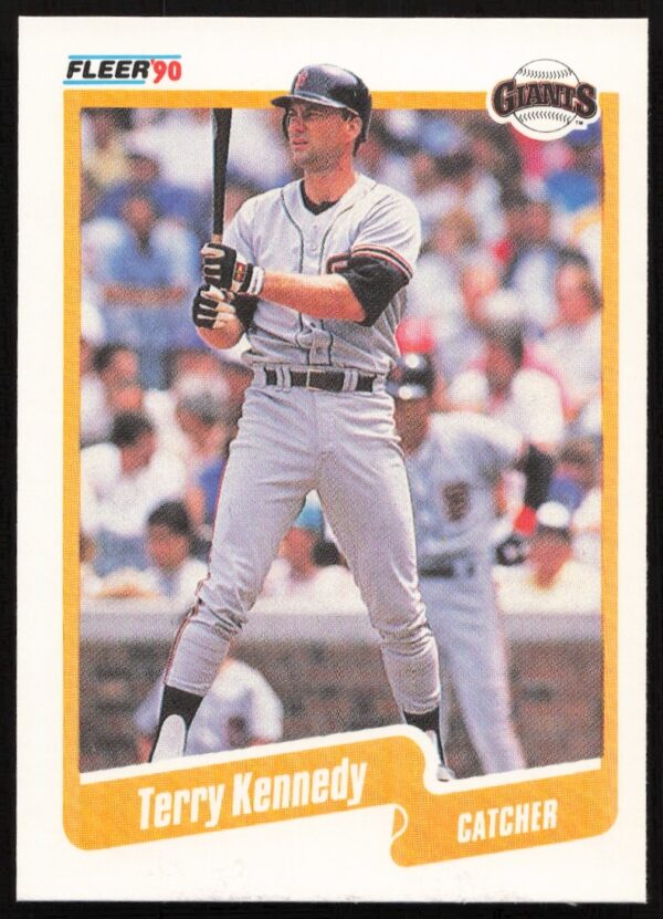 1990 Fleer Terry Kennedy baseball card, #58, San Francisco Giants, showcasing mid-action dynamic pose.