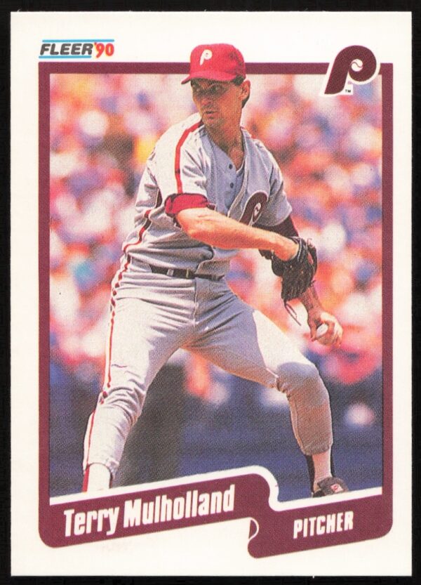 1990 Fleer Terry Mulholland baseball card #568, showcasing Phillies pitcher in action.