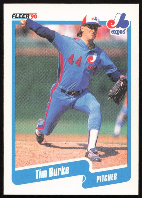 Tim Burke 1990 Fleer card #342, Montreal Expos pitcher mid-pitch.