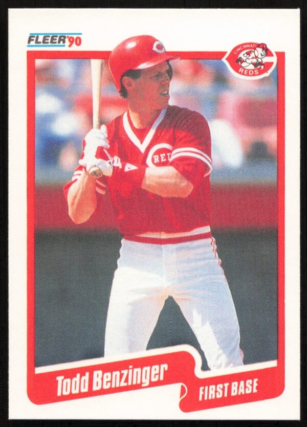 Todd Benzinger 1990 Fleer #413, baseball card, front, player in action.