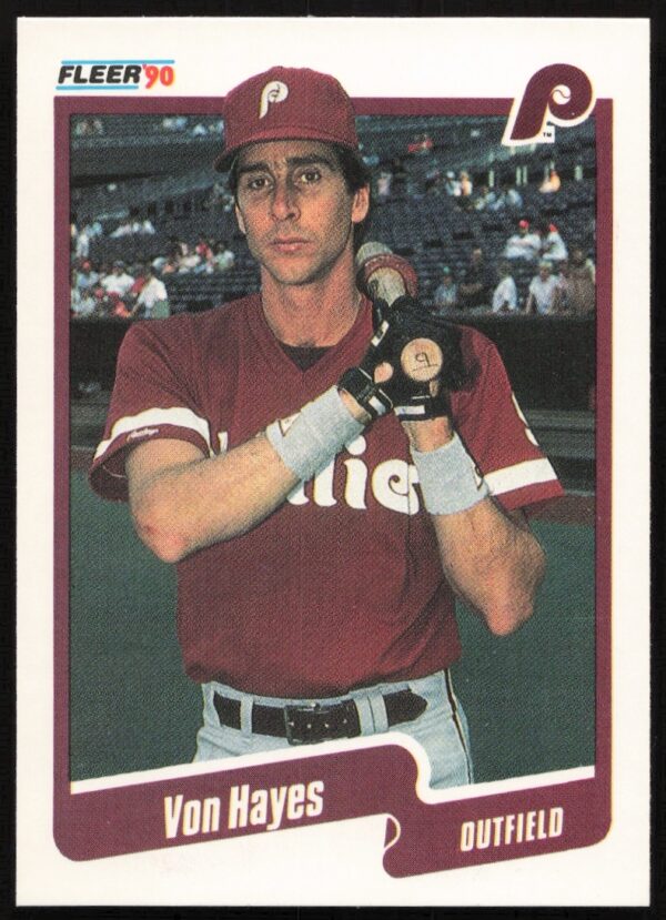 Von Hayes 1990 Fleer Baseball Card #559, featuring Phillies player mid-action.