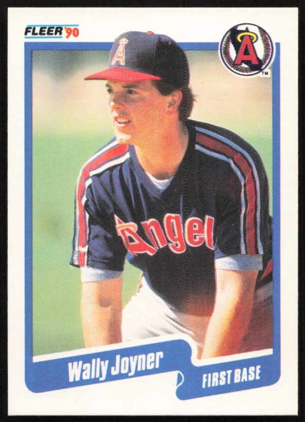 Wally Joyner 1990 Fleer card, mid-swing in Angels uniform. Card #136.