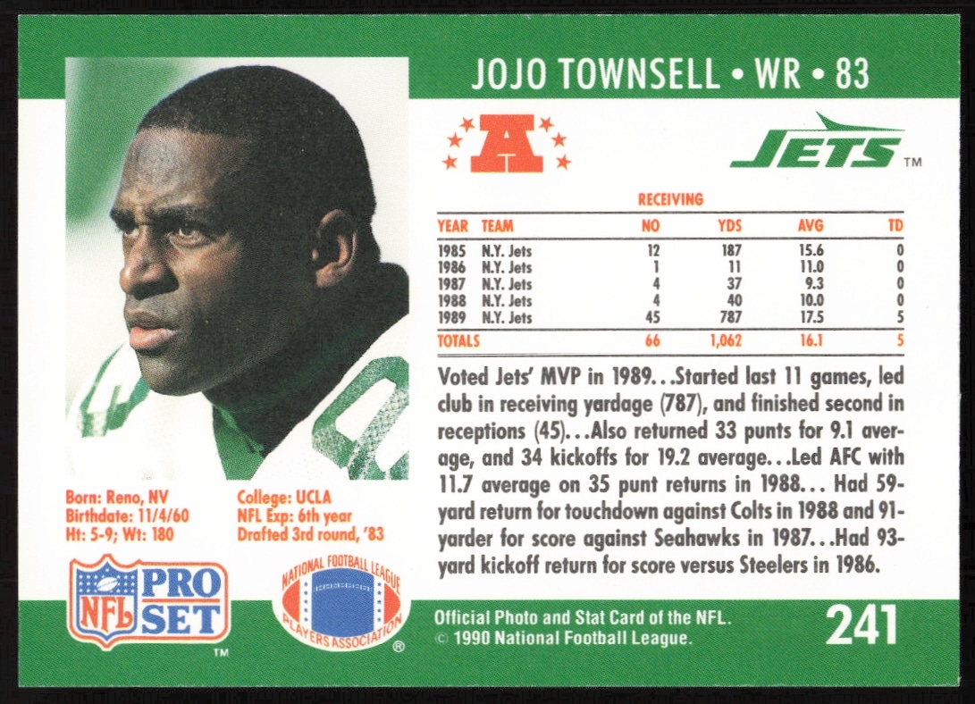 Jo Jo Townsell 1990 Pro Set football card back, New York Jets wide receiver, #241.