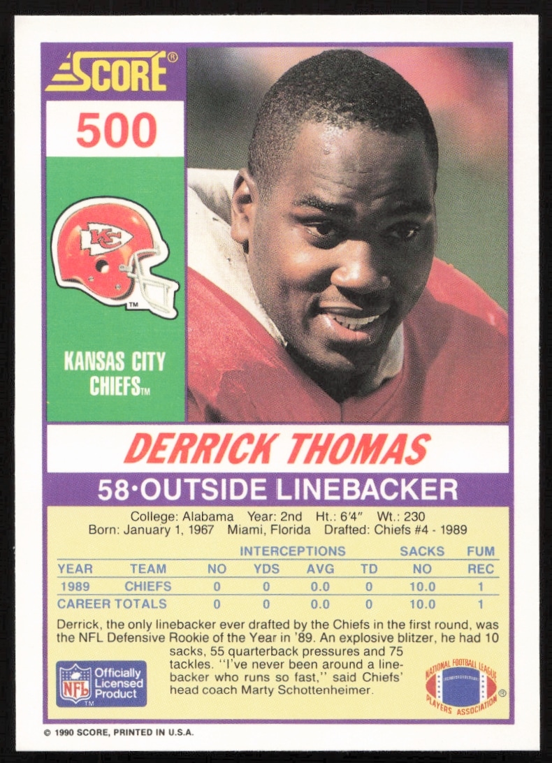 Back of 1990 Score football card #500 with Derrick Thomas stats and biography.