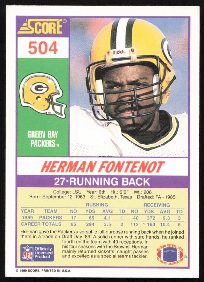 Back of 1990 Score Herman Fontenot football card #504 with stats and career highlights.