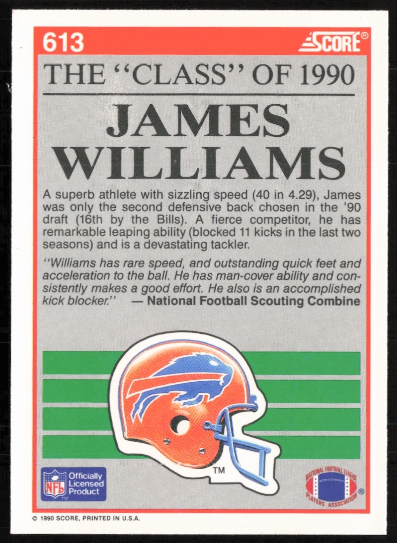 Back of 1990 Score trading card #613 for James Williams, featuring stats and career highlights.