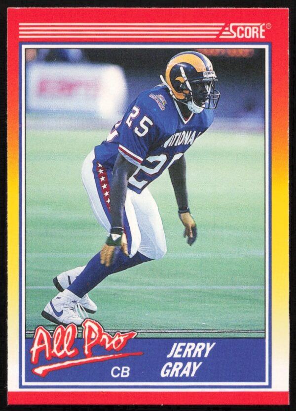 1990 Score Football Card #567 featuring Jerry Gray in uniform, collectible vintage memorabilia.