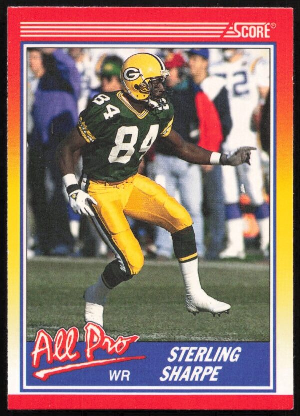 Sterling Sharpe 1990 Score card #589, Green Bay Packers, dynamic stance, green/yellow uniform.