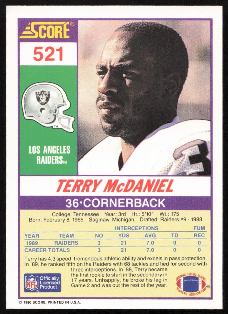 Back of Terry McDaniels 1990 Score football card #521, featuring stats and highlights.